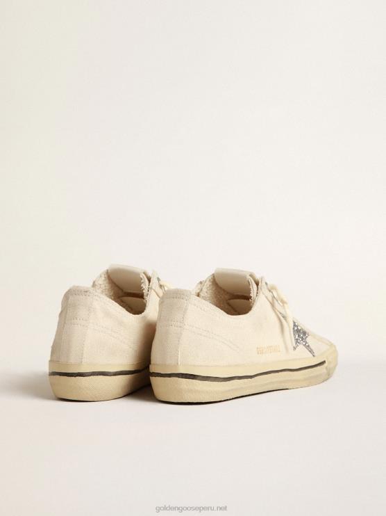 FDVPX157 Golden Goose mujer v-star de lona beige con estrella plateada brillante