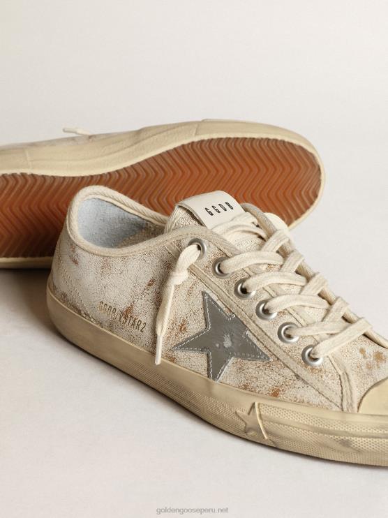 FDVPX63 Golden Goose mujer Zapatillas deportivas v-star de piel blanca brillante con estrella de piel plateada metalizada
