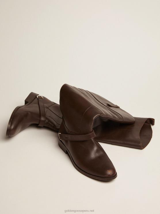 FDVPX425 Golden Goose mujer botas charlie en piel marrón oscuro con pinza en el talón