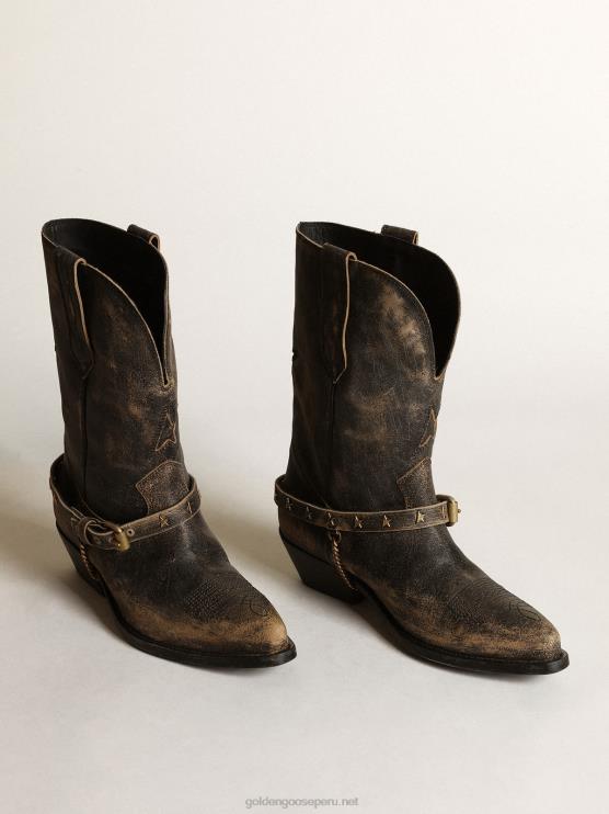 FDVPX426 Golden Goose mujer botas bajas wish star en cuero negro brillante con cadena