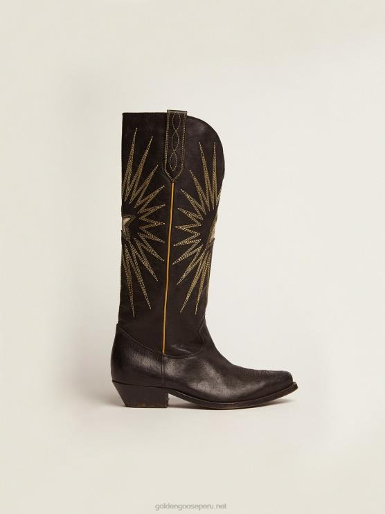 FDVPX431 Golden Goose mujer botas wish star de piel negra con estrella incrustada de piel laminada platino