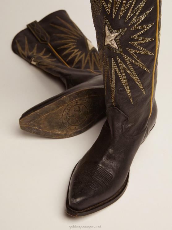 FDVPX431 Golden Goose mujer botas wish star de piel negra con estrella incrustada de piel laminada platino