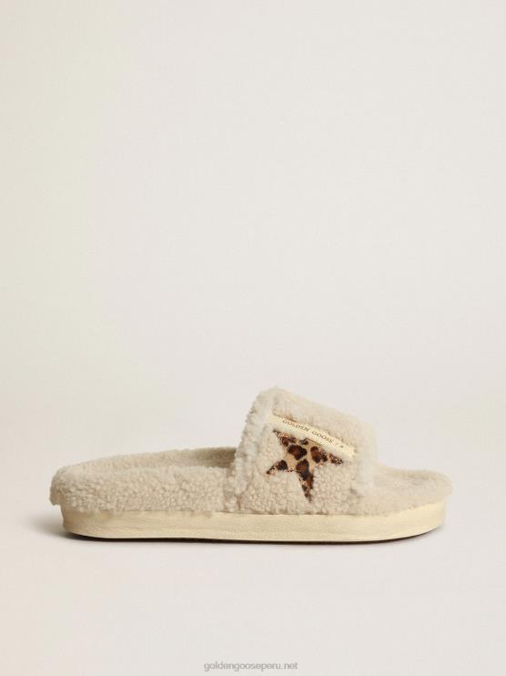 FDVPX432 Golden Goose mujer poolstar de piel de borrego beige con estrella de piel de potro con estampado de leopardo