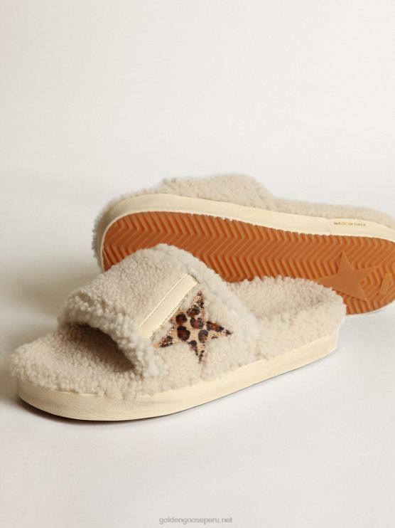 FDVPX432 Golden Goose mujer poolstar de piel de borrego beige con estrella de piel de potro con estampado de leopardo