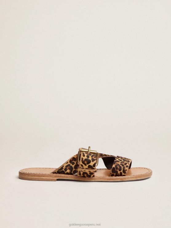 FDVPX437 Golden Goose mujer sandalias margaret planas de piel de potro con estampado de leopardo