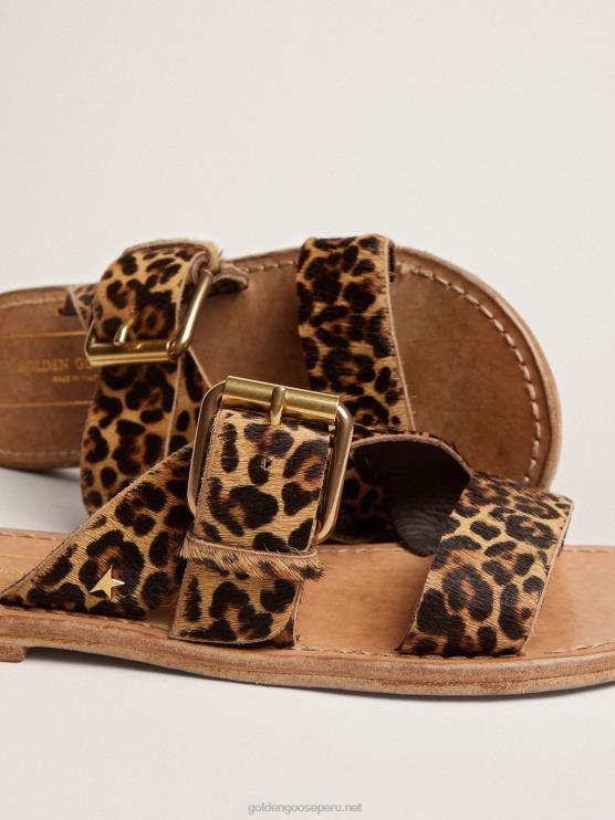 FDVPX437 Golden Goose mujer sandalias margaret planas de piel de potro con estampado de leopardo