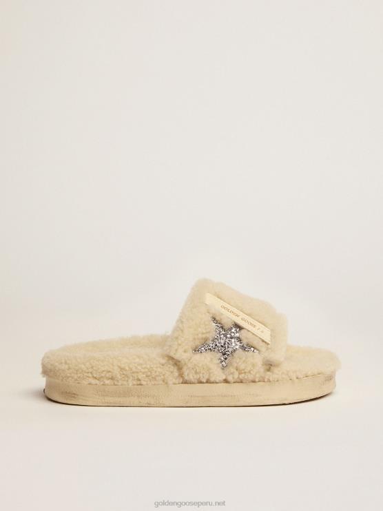 FDVPX439 Golden Goose mujer poolstars de piel de oveja beige con estrella plateada brillante