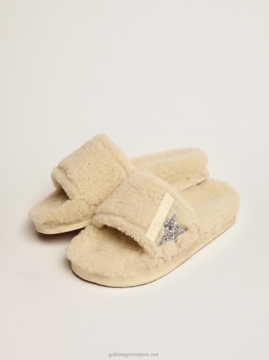FDVPX439 Golden Goose mujer poolstars de piel de oveja beige con estrella plateada brillante