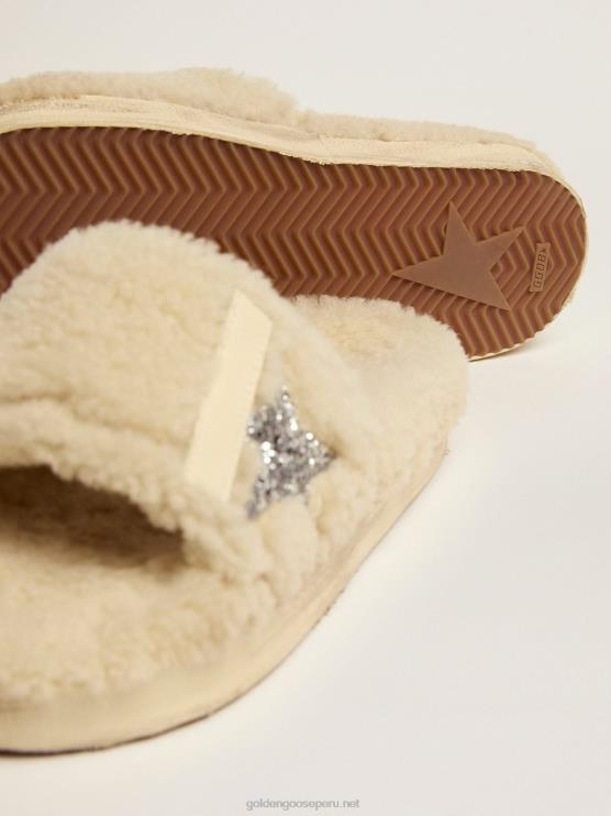 FDVPX439 Golden Goose mujer poolstars de piel de oveja beige con estrella plateada brillante