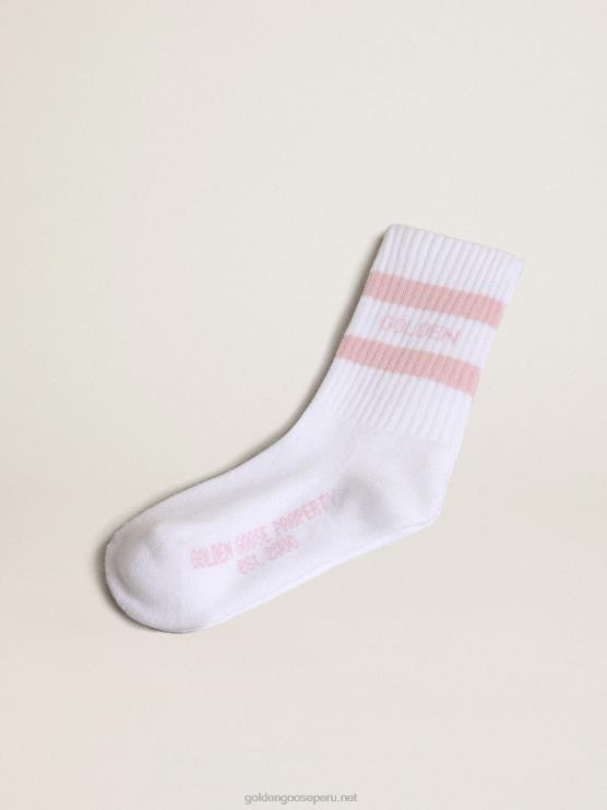 FDVPX886niños calcetines de algodón blanco con rayas rosas y logo de ganso dorado