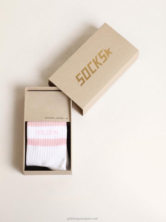 FDVPX886niños calcetines de algodón blanco con rayas rosas y logo de ganso dorado