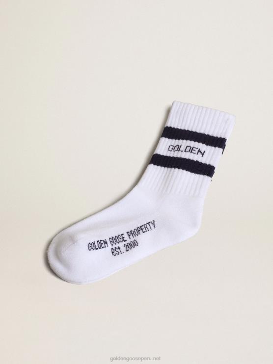 FDVPX878niños calcetines de algodón blanco con rayas azul marino y logo golden goose
