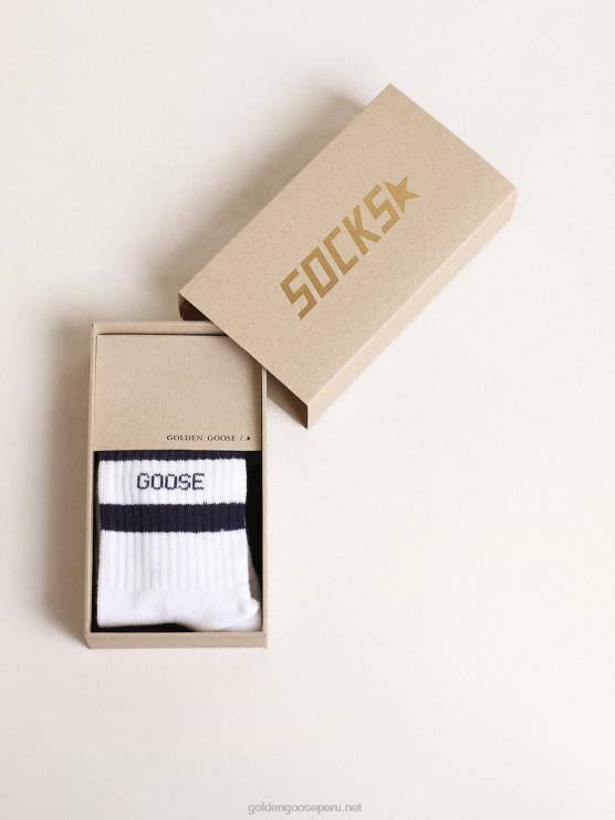 FDVPX878niños calcetines de algodón blanco con rayas azul marino y logo golden goose