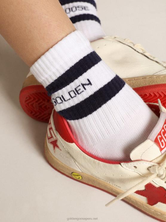FDVPX878niños calcetines de algodón blanco con rayas azul marino y logo golden goose