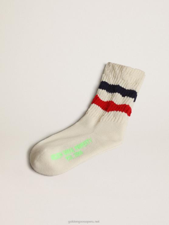 FDVPX883 Golden Goose niños calcetines de algodón blanco con acabado envejecido y rayas rojas y azul marino