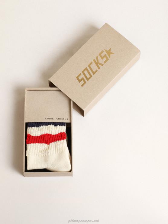 FDVPX883 Golden Goose niños calcetines de algodón blanco con acabado envejecido y rayas rojas y azul marino
