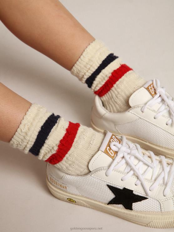 FDVPX883 Golden Goose niños calcetines de algodón blanco con acabado envejecido y rayas rojas y azul marino