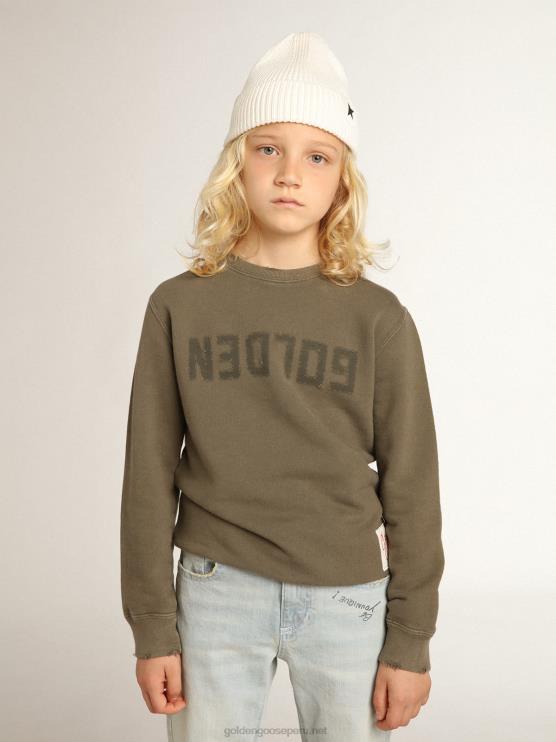 FDVPX890niños sudadera verde oliva desgastada con letras doradas en la parte delantera