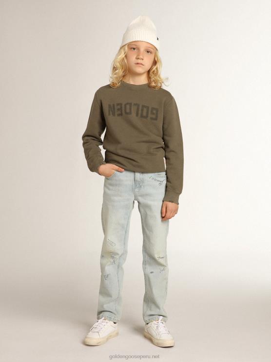 FDVPX890niños sudadera verde oliva desgastada con letras doradas en la parte delantera