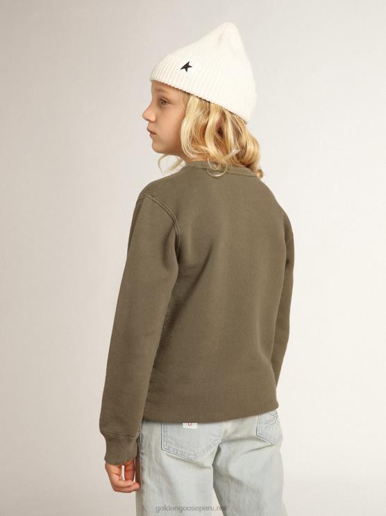 FDVPX890niños sudadera verde oliva desgastada con letras doradas en la parte delantera