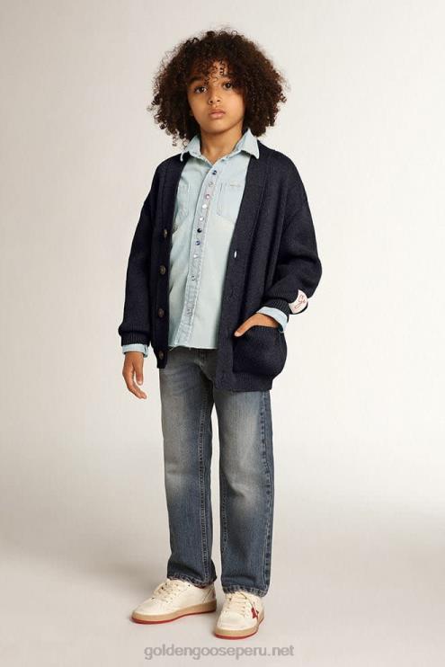 FDVPX891 Golden Goose niños cárdigan de algodón azul oscuro con logo en la espalda