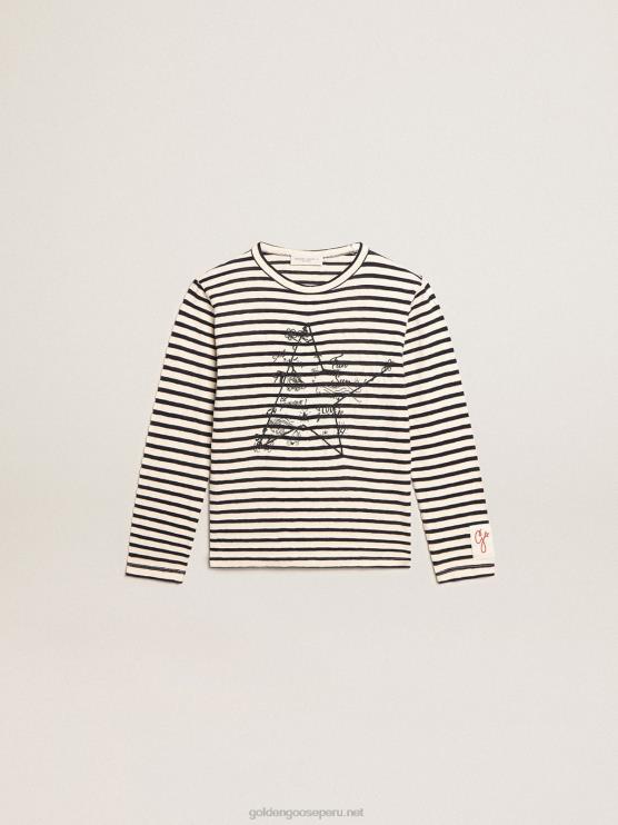 FDVPX908 Golden Goosecamiseta de niño con rayas blancas y azules y bordado en la parte delantera