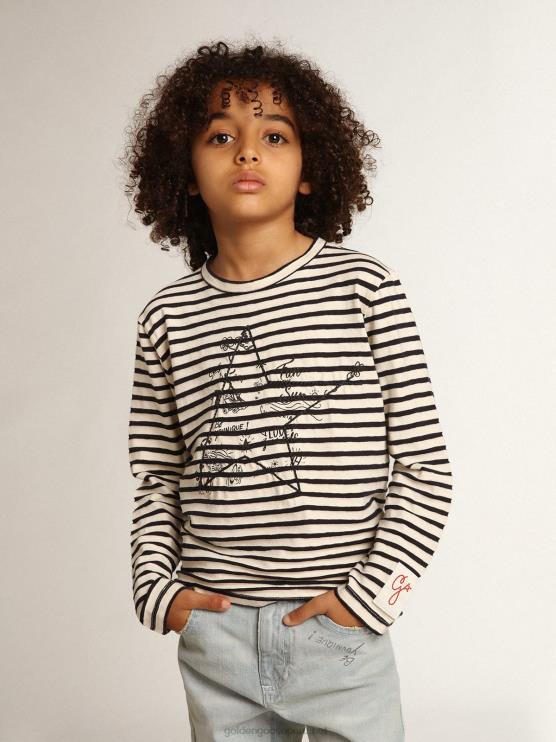 FDVPX908 Golden Goosecamiseta de niño con rayas blancas y azules y bordado en la parte delantera