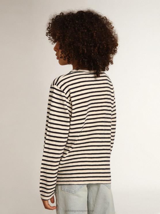 FDVPX908 Golden Goosecamiseta de niño con rayas blancas y azules y bordado en la parte delantera
