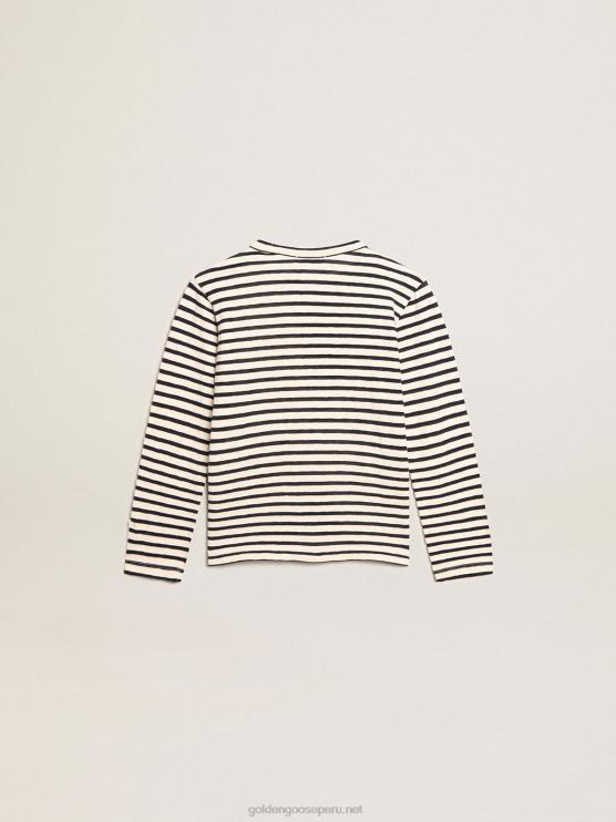 FDVPX908 Golden Goosecamiseta de niño con rayas blancas y azules y bordado en la parte delantera
