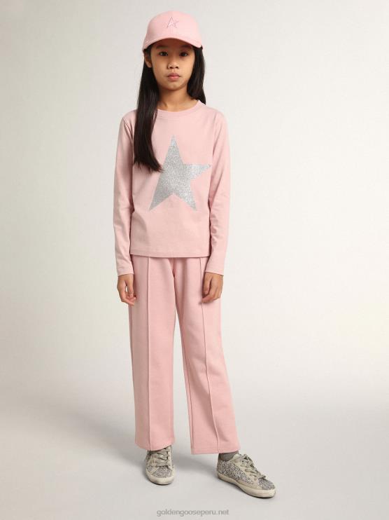 FDVPX885 Golden Goose niños Pantalón jogging colección estrella rosa con estrella de purpurina plateada en la parte delantera