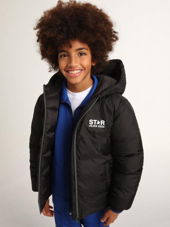FDVPX894 Golden Goose niños Chaqueta acolchada colección estrella negra con capucha y maxi estrella blanca en la espalda