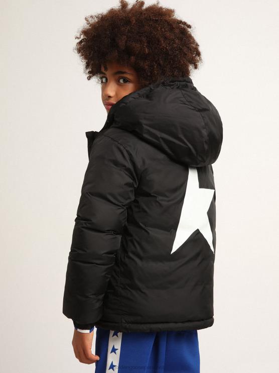 FDVPX894 Golden Goose niños Chaqueta acolchada colección estrella negra con capucha y maxi estrella blanca en la espalda