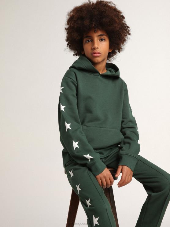 FDVPX901 Golden Goose niños sudadera con capucha verde brillante de la colección star con estrellas blancas en contraste