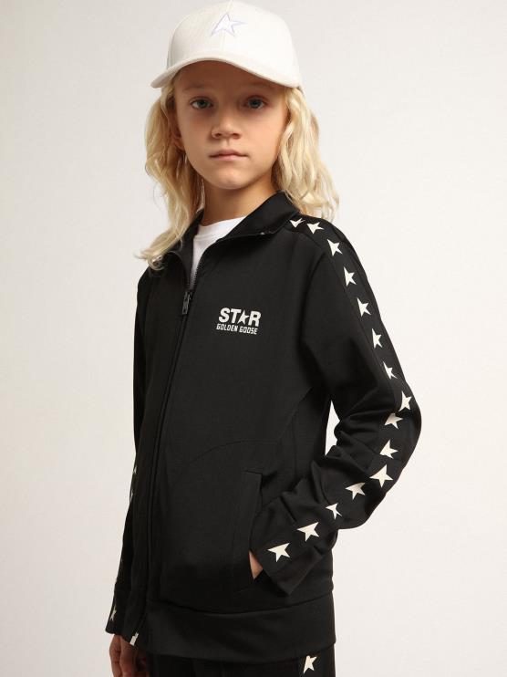 FDVPX905 Golden Goose niños sudadera negra con cremallera y estrellas blancas en contraste