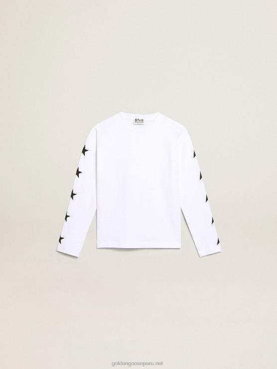 FDVPX904 Golden Goose niños camiseta blanca de manga larga de la colección star con estrellas negras a contraste