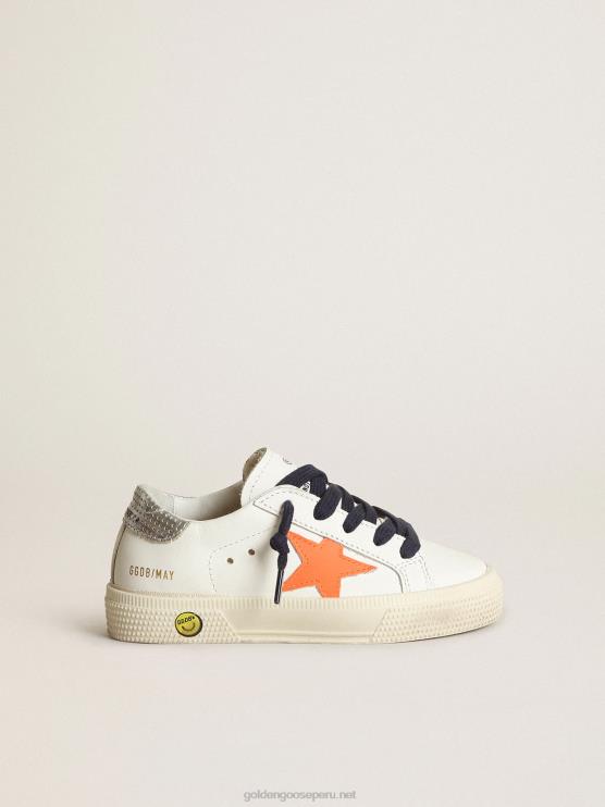 FDVPX872 Golden Goose niños Zapatillas deportivas young may con estrella de piel naranja fluorescente y refuerzo del talón de piel plateada metalizada perforada