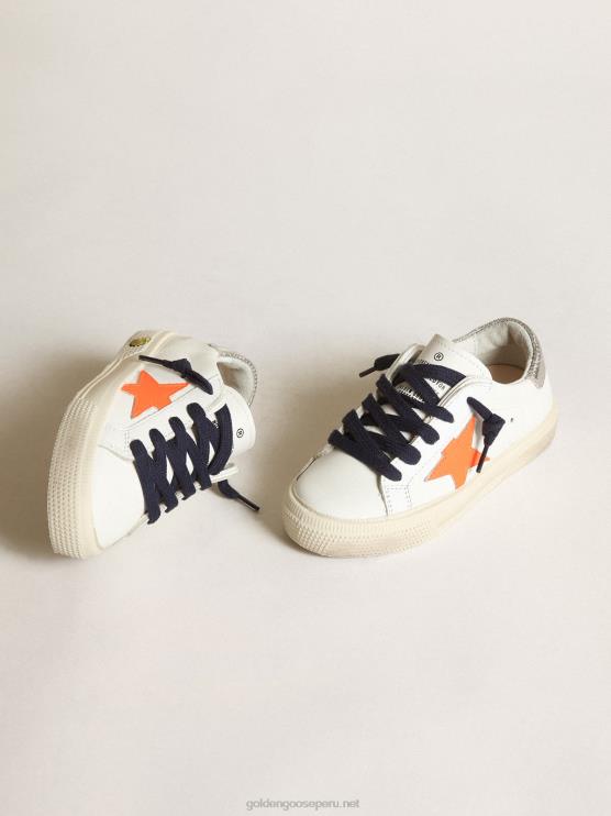 FDVPX872 Golden Goose niños Zapatillas deportivas young may con estrella de piel naranja fluorescente y refuerzo del talón de piel plateada metalizada perforada