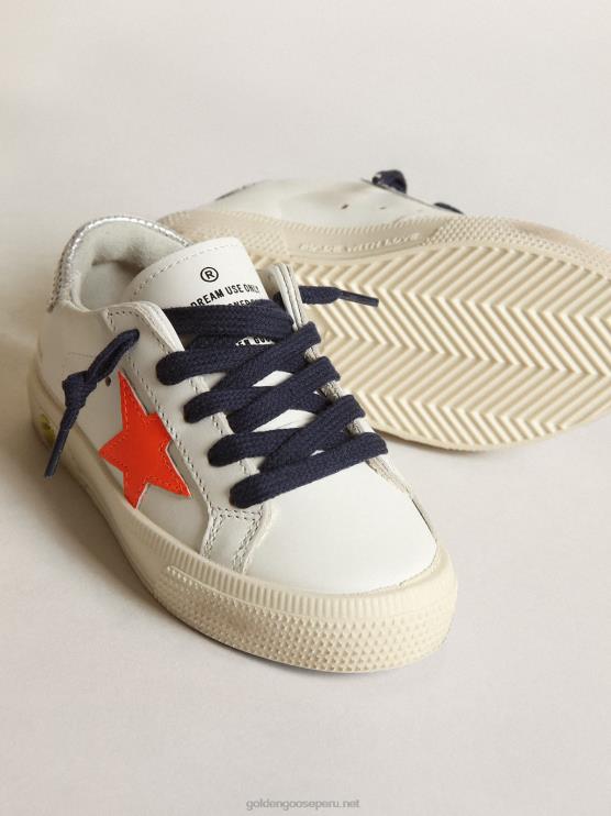 FDVPX872 Golden Goose niños Zapatillas deportivas young may con estrella de piel naranja fluorescente y refuerzo del talón de piel plateada metalizada perforada