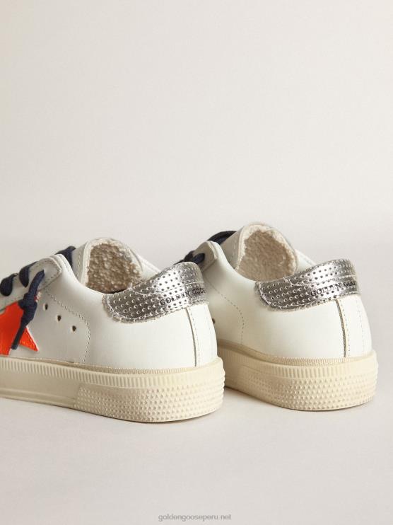 FDVPX872 Golden Goose niños Zapatillas deportivas young may con estrella de piel naranja fluorescente y refuerzo del talón de piel plateada metalizada perforada