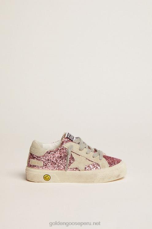 FDVPX859 Golden Goose niños Zapatillas may en purpurina rosa con estrella y refuerzo en el talón de ante gris hielo