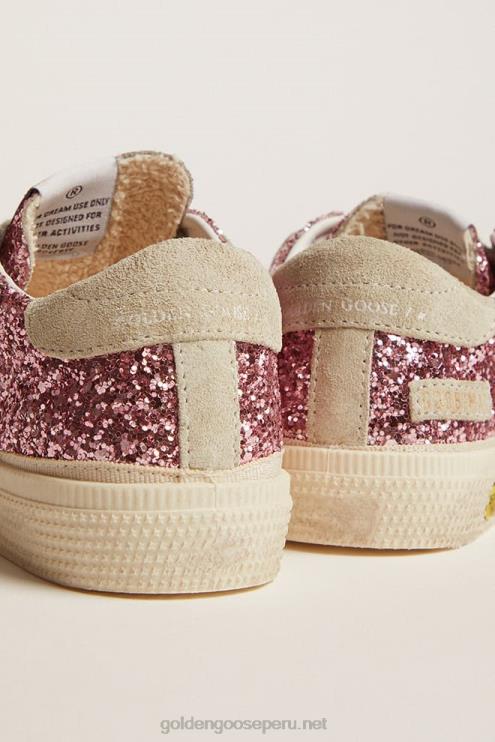 FDVPX859 Golden Goose niños Zapatillas may en purpurina rosa con estrella y refuerzo en el talón de ante gris hielo