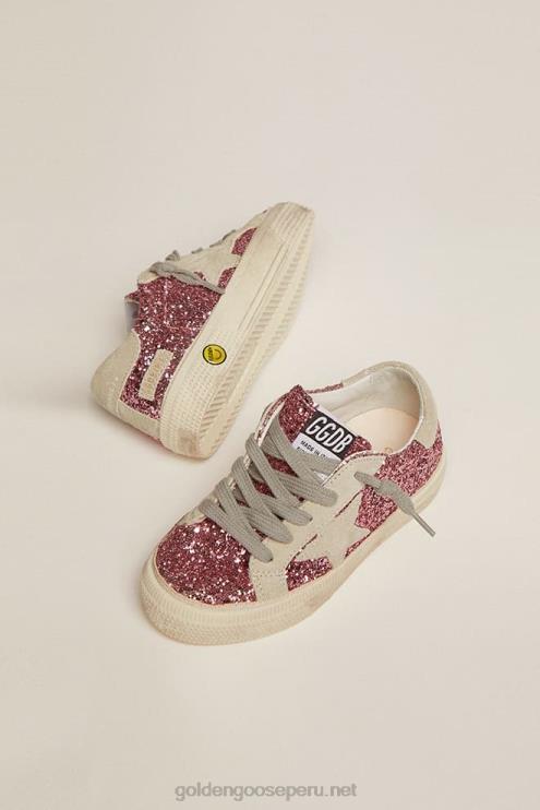 FDVPX859 Golden Goose niños Zapatillas may en purpurina rosa con estrella y refuerzo en el talón de ante gris hielo
