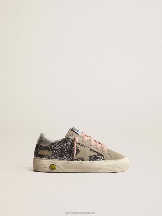 FDVPX861 Golden Goose niños may junior en glitter gris antracita con estrella de ante gris tórtola
