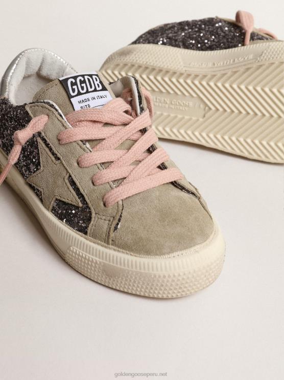 FDVPX861 Golden Goose niños may junior en glitter gris antracita con estrella de ante gris tórtola