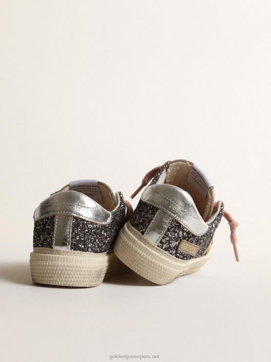 FDVPX861 Golden Goose niños may junior en glitter gris antracita con estrella de ante gris tórtola