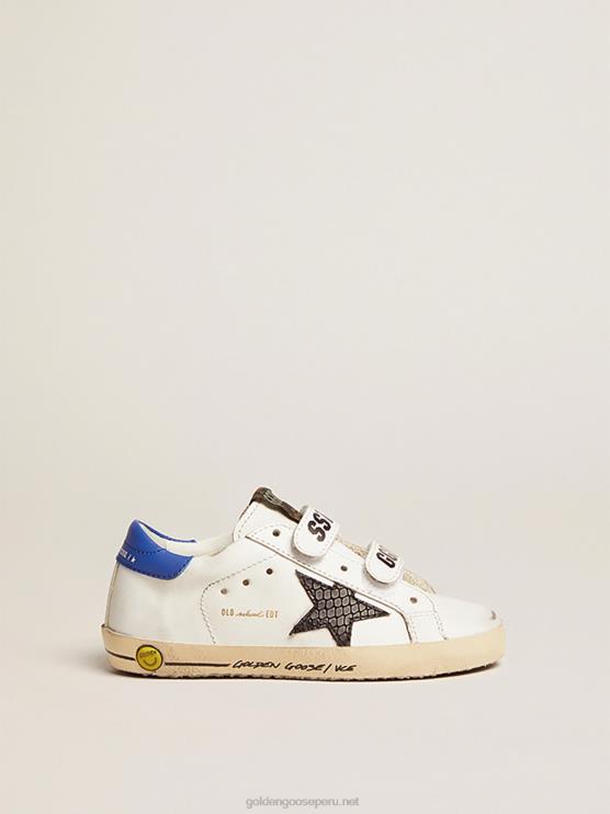 FDVPX871 Golden Goose niños zapatillas deportivas young old school con estrella de piel negra con estampado de serpiente y refuerzo del talón de piel azul