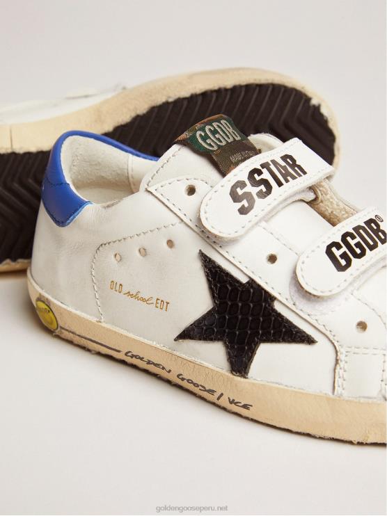 FDVPX871 Golden Goose niños zapatillas deportivas young old school con estrella de piel negra con estampado de serpiente y refuerzo del talón de piel azul